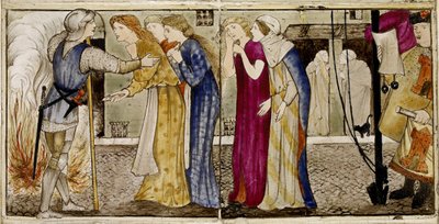 A set of sixteen tiles arranged in pairs to form eight illustrations of the 